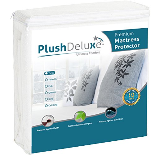 PlushDeluxe Twin Premium 100% Waterproof Mattress Protector Hypoallergenic, Vinyl Free, Breathable Soft Cotton Terry Surface - 10 Year Warranty from