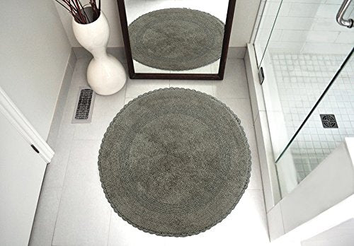 Saffron Fabs Bath Rug 100% Soft Cotton 36 Inch Round, Reversible-Different Pattern On Both Sides, Solid Grey Color, Hand Knitted Crochet Lace Border, Hand Tufted, 200 GSF Weight, Machine Washable