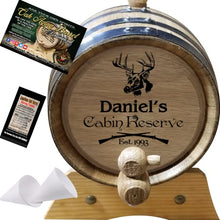 Load image into Gallery viewer, 1 Liter Personalized Hunting Cabin Reserve American Oak Aging Barrel - Design 042
