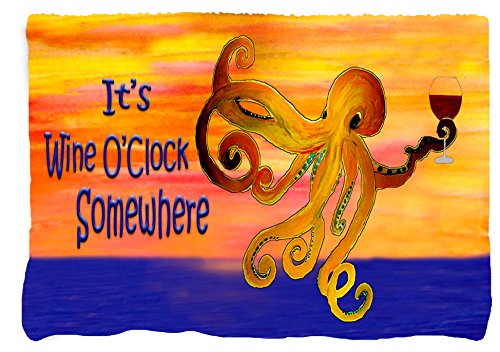 It's Wine O'clock Somewhere Octopus Funny Beach or Bath Towel From My Art
