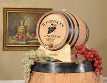 Load image into Gallery viewer, Personalized 20 Liter Oak Wine Barrel (5 gallon) with Stand, Bung, and Spigot | Age Cocktails, Bourbon, Whiskey, Beer and More! | Laser Engraved Grapes Design (V15)
