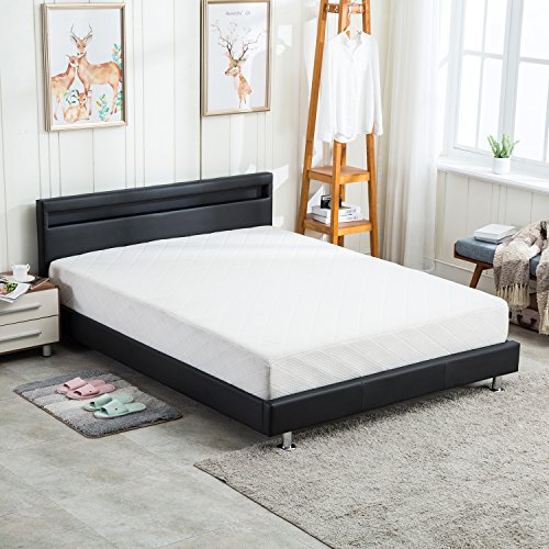 UHOM Modern Home Bedroom Bed Frame Contemporary Wood Steel PU-Leather Bed Multi-Color LED Light Headboard Queen Size Black