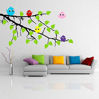( 39'' x 26'') Vinyl Wall Colorful Decal Tree Branch with leaves and Five Cute Birds / Happy Nature Forest Creature Art Decor Removable Sticker / DIY Mural + Free Random Decal Gift!