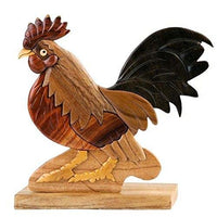 Intarsia Wood Rooster Table Decor, Handsome Handcrafted Wood Mosaic