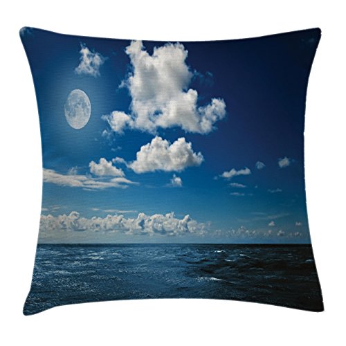 Lunarable Ocean Throw Pillow Cushion Cover, Full Moon Night Sky and Wavy Ocean Horizon with Clouds Romantic Scene Image, Decorative Square Accent Pillow Case, 28
