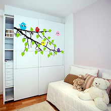 Load image into Gallery viewer, ( 39&#39;&#39; x 26&#39;&#39;) Vinyl Wall Colorful Decal Tree Branch with leaves and Five Cute Birds / Happy Nature Forest Creature Art Decor Removable Sticker / DIY Mural + Free Random Decal Gift!
