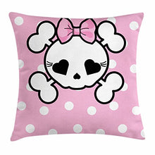 Load image into Gallery viewer, Lunarable Skull Throw Pillow Cushion Cover, Skull with Bow on Polka Dots with Heart Shaped Eyes Spooky Humoristic Art, Decorative Square Accent Pillow Case, 40&quot; X 40&quot;, Baby Pink White Black
