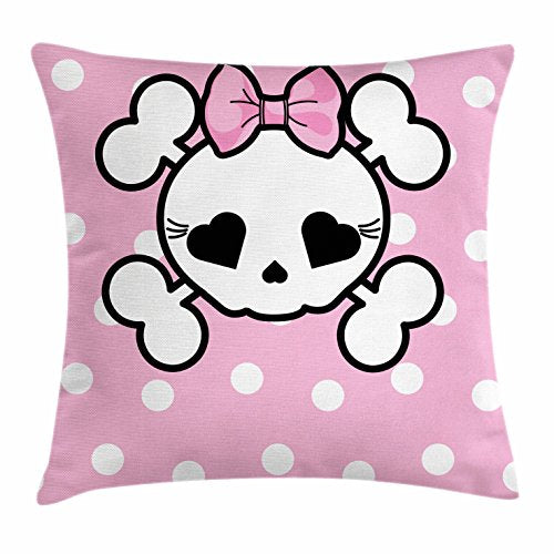 Lunarable Skull Throw Pillow Cushion Cover, Skull with Bow on Polka Dots with Heart Shaped Eyes Spooky Humoristic Art, Decorative Square Accent Pillow Case, 40