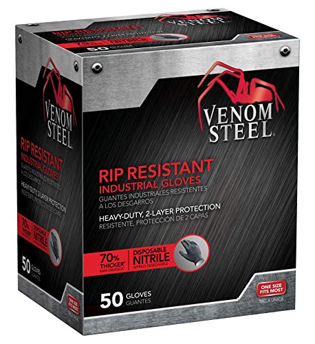 Venom Steel Nitrile Gloves, Rip Resistant Disposable Latex Free Black Gloves, 2 Layer Gloves, 6 mil Thick, One Size Fits Most (Pack of 50)