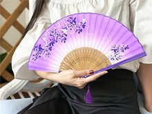 Load image into Gallery viewer, OMyTea 8.27&quot;(21cm) Women Hand Held Silk Folding Fans with Bamboo Frame - with a Fabric Sleeve for Protection for Gifts - Chinese/Japanese Style Butterflies &amp; Morning Glory Flowers Pattern (Purple)
