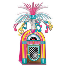 Load image into Gallery viewer, Club Pack of 12 Neon Pink, Yellow and Blue Jukebox with Tinsel Music Notes Centerpieces 15&quot;
