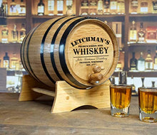 Load image into Gallery viewer, Personalized 20 Liter American Oak Whiskey Aging Barrel (5 gallon) with Stand, Bung, and Spigot | Age Cocktails, Bourbon, Rum, Tequila, Beer, Wine and More! | Custom Laser Engraved P5 Design
