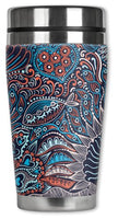 Mugzie Abstract Fishes Travel Mug with Insulated Wetsuit Cover, 16 oz, Black