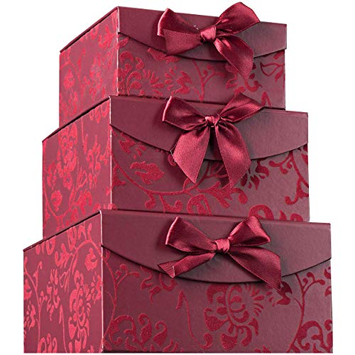 Burgundy Small Swirl Nesting Elegant Christmas Gift Boxes - Set of 3 - With Bows and Magnetic Closure for Party Wedding Gifts