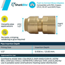 Load image into Gallery viewer, SharkBite U072LFA Straight Connector Plumbing, PEX Fittings, Push-to-Connect, Copper, CPVC, 1/2 Inch x 1/2 Inch FNPT
