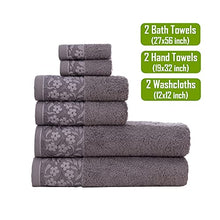Load image into Gallery viewer, Decorative Bath Towels Set, 6 Piece - Turkish Towel Set with Floral Pattern, Highly Absorbent &amp; Fade Resistant Fabric, 100% Cotton - 2 Bath Towels, 2 Hand Towels, 2 Washcloths - Grey
