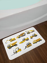 Load image into Gallery viewer, Ambesonne Construction Bath Mat, Illustration of Big Vehicles Pattern Engineering Building Theme, Plush Bathroom Decor Mat with Non Slip Backing, 29.5&quot; X 17.5&quot;, Yellow Grey White
