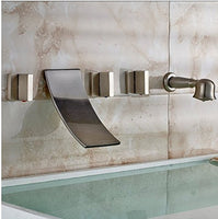 GOWE Wall Mounted Widespread Waterfall Bathtub Mixer Faucet Three Handles with Handheld Shower Brushed Nickel Finished