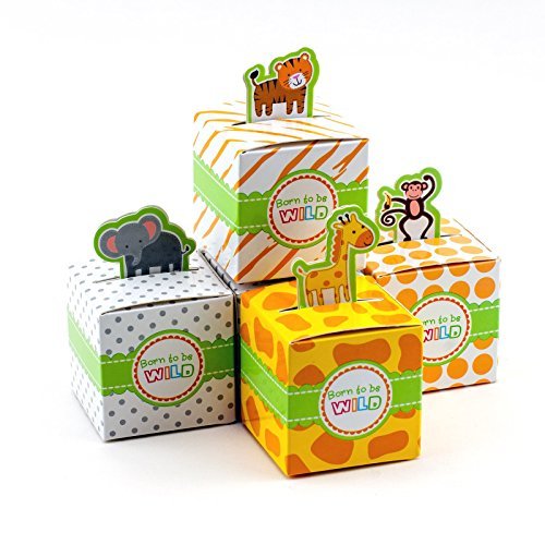 Adorox Small 24 Pcs Born to Be Wild Adorable Jungle Safari Zoo Theme Baby Shower Favor Candy Treat Box Cute Birthday Decoration (Assorted)