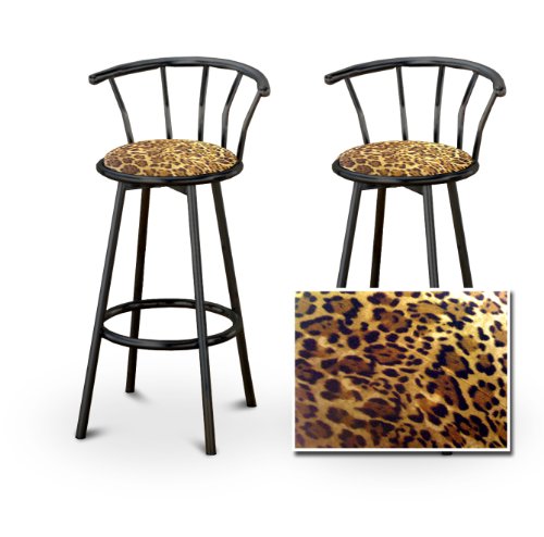 The Furniture Cove 2 Leopard Animal Print Specialty/Custom Black Barstools with Backrest Set