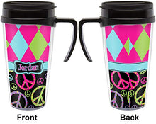Load image into Gallery viewer, Harlequin &amp; Peace Signs Acrylic Travel Mug with Handle (Personalized)

