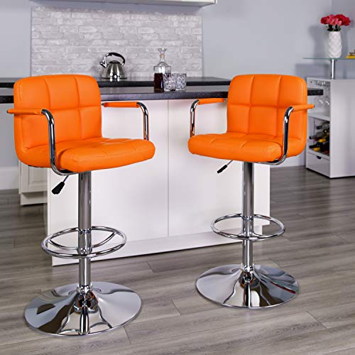 Flash Furniture 2 Pk. Contemporary Orange Quilted Vinyl Adjustable Height Barstool with Arms and Chrome Base