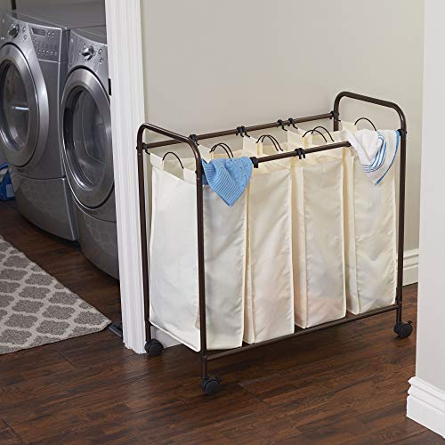 Household Essentials 7173 Rolling Quad Laundry Sorter with Removable Hamper Bags | Antique Bronze Frame