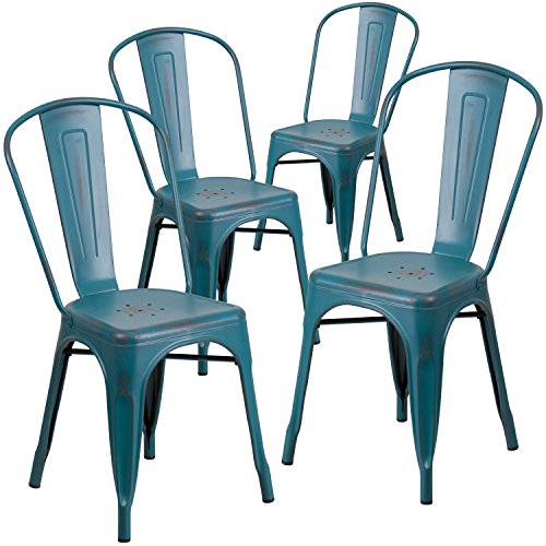 Flash Furniture 4 Pk. Distressed Kelly Blue-Teal Metal Indoor-Outdoor Stackable Chair -, 4-ET-3534-KB-GG
