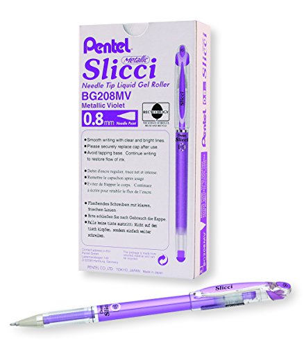 Pentel Arts Slicci Metallic 0.8 mm Needle Tip Gel Pen, Metallic Violet Ink, Box of 12 (BG208-MV)