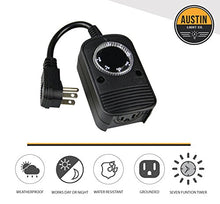 Load image into Gallery viewer, Austin Light Co. - 1 Socket - Outdoor Outlet Timer with Photocell Light Sensor, Weatherproof - Black - UL Listed. Commercial Grade. Great for Christmas, Holiday Lights, Patio, Backyard, Home
