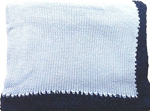 Knitted Crochet Finished Blue Cotton Baby Blanket Trimmed Navy Chenille