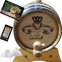 Load image into Gallery viewer, 3 Liter Personalized Irish Claddagh &amp; Scroll American Oak Aging Barrel - Design 035
