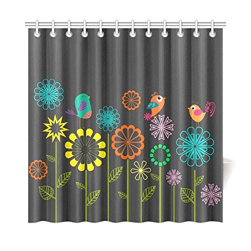 CTIGERS Shower Curtain for Kids Simple Flower and Birds Polyester Fabric Bathroom Decoration 72 x 72 Inch