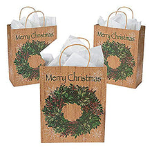 Load image into Gallery viewer, Large Holiday Wreath Kraft Gift Bags (12 Pack) 10&quot; X 4 1/2&quot; X 12 3/4&quot; with 3 1/2&quot; Handles. Paper.
