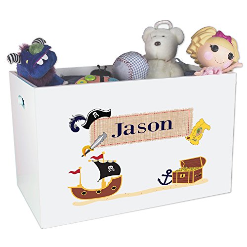 MyBambino Personalized Pirate Treasure Chest Toy Box for Boys Custom White Wooden Farm Theme for Kids Bin Child Safe with No Lid Storage Playroom Nursery