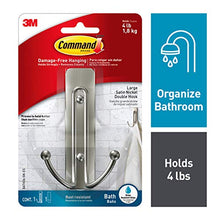 Load image into Gallery viewer, Command BATH36-SN-ES 795092711674 Double Bath, Satin Nickel, 1-Hook, 1-Large Water-Resistant Strip, 1-Pack, Silver
