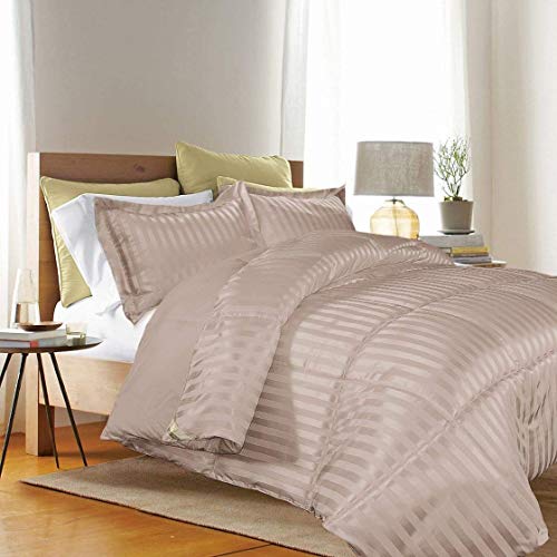 kathy ireland Home Bedding Comforter Sets 3 Piece Reversible Down Alternative Comforter, Stripe Duvet and Elegant Color Comforter and Pillow Shams, Taupe, King, (KI175015)