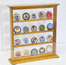 Load image into Gallery viewer, 4 Shelves Military Challenge Coin Curio Stand Rack w/ UV Protection Viewing from both side, Oak
