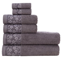 Decorative Bath Towels Set, 6 Piece - Turkish Towel Set with Floral Pattern, Highly Absorbent & Fade Resistant Fabric, 100% Cotton - 2 Bath Towels, 2 Hand Towels, 2 Washcloths - Grey