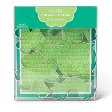 Load image into Gallery viewer, St. Patrick&#39;s Day Cookie Cutters - 5 Piece Boxed Set - 2 5/8&quot; &amp; 4&quot; Shamrock, Irish Sweater, Rainbow, Pot of Gold - Ann Clark - US Tin Plated Steel

