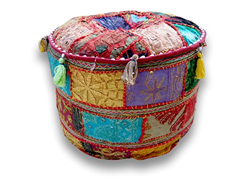 Indian Embroidered Patchwork Ottoman Cover,Traditional Indian Decorative Pouf Ottoman,Indian Comfortable Floor Cotton Cushion Ottoman Pouf,Indian Designs Ethnic Patchwork Pouf 18X13 inch (Multi)