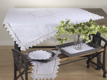 Load image into Gallery viewer, Fennco Styles Venetto Lace Trimmed Elegant Tablecloth 65 x 140 Inch - White Table Cover for Home Dcor, Banquets, Wedding, Family Gathering and Special Events
