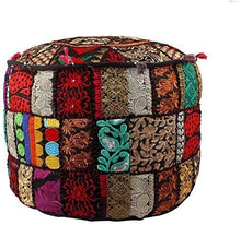 Load image into Gallery viewer, Indian Home Decor Hippie Patchwork Bean Bag Boho Bohemian Hand Embroidered Ethnic Handmade Pouf Ottoman Vintage Cotton Floor Pillow &amp; Cushion (13&quot; H x 18)&quot; Diam. (Black)
