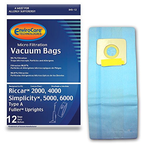 EnviroCare Replacement Micro Filtration Vacuum Cleaner Dust Bags Made to fit Riccar 2000, 4000 and Vibrance Series. Simplicity 5000, 6000 and Symmetry Type A 12 Pack