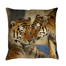 Load image into Gallery viewer, Truly Teague Burlap Suede or Woven Throw Pillow Nuzzling Tiger Love - Outdoor, 16 Inch
