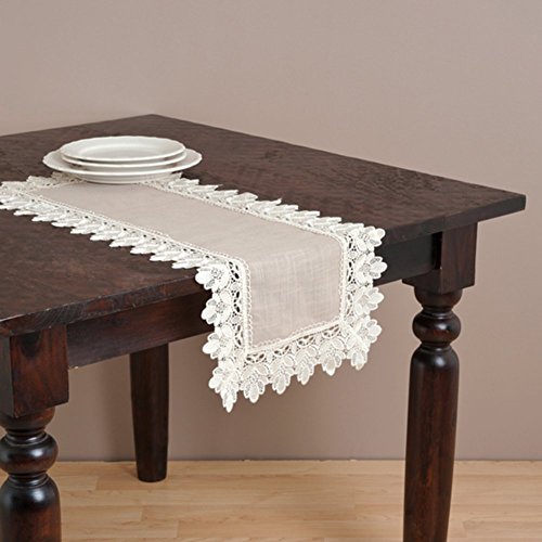 Fennco Styles Venetto Lace Trimmed Elegant Table Runner 16 x 72 Inch - Taupe Table Cover for Home Dcor, Banquets, Wedding, Family Gathering and Special Events