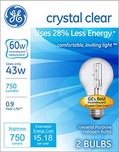 Load image into Gallery viewer, GE Halogen Light Bulbs, Crystal Clear Energy Efficient Halogen A19 Light Bulbs, 43-Watt (60-Watt Replacement), 750 Lumen, Medium Base, Clear Light Bulbs, Soft White, 2-Pack, General Purpose Light Bulb
