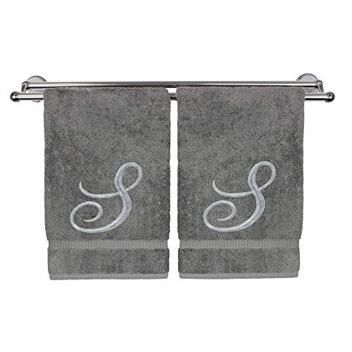 Monogrammed Hand Towel, Personalized Gift, 16 x 30 Inches - Set of 2 - Silver Embroidered Towel - Extra Absorbent 100% Turkish Cotton- Soft Terry Finish - for Bathroom, Kitchen and Spa- Script S Gray