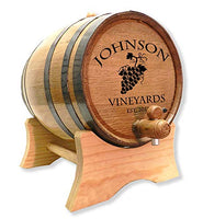 Personalized 20 Liter Oak Wine Barrel (5 gallon) with Stand, Bung, and Spigot | Age Cocktails, Bourbon, Whiskey, Beer and More! | Laser Engraved Grapes Design (V15)