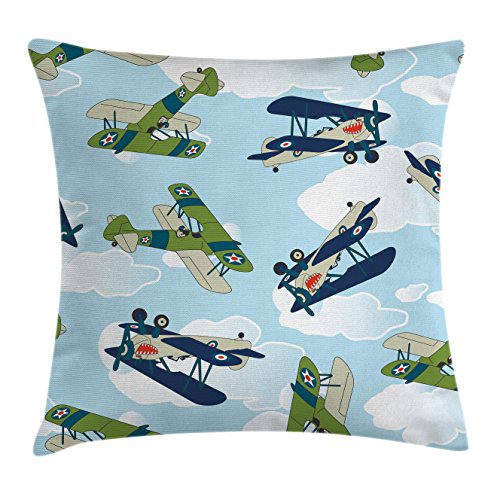 Lunarable Airplane Throw Pillow Cushion Cover, Vintage Allied Plane Flying Pattern Cartoon Shark Teeth, Decorative Square Accent Pillow Case, 26